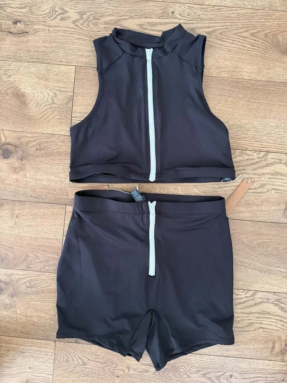 SKIMS Sporty Zipper Swim Mock Neck Top and Swim Short Set Onyx Size M